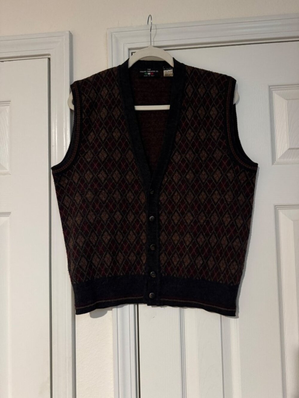 The Italian Sweater Co Sweater Vest Mens Medium Gray Argyle Wool Italy Knit Men’